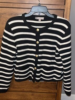 J. Crew Black & White Striped Gold-Button Cardigan